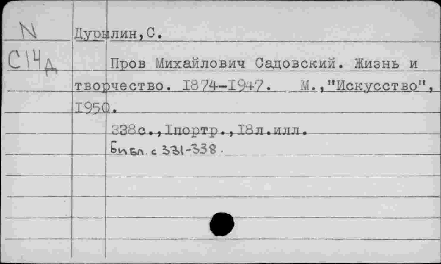 ﻿	Дурь	[лин, С.
		Пров Михайлович Садовский. Жизнь и
	тво^	»чество. 1874-194'7. М.,’’Искусство”.
		Ь	
		ЯЗ^С » , Тцпртр , ТЙтт т ИЛЛ •
		
		
		
		
		
		